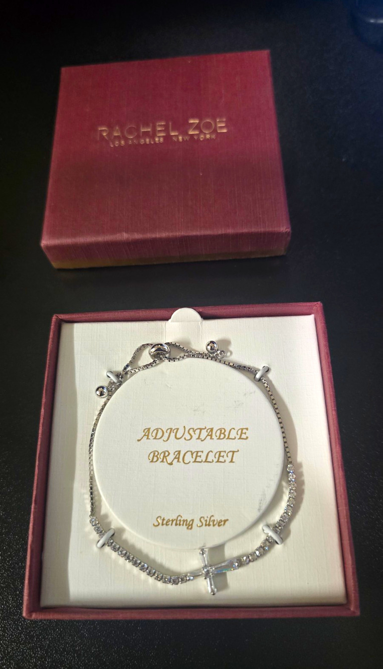 Rachel Zoe 925 Sterling Silver Adjustable Cross Dangle Bracelet Slider Box Chain